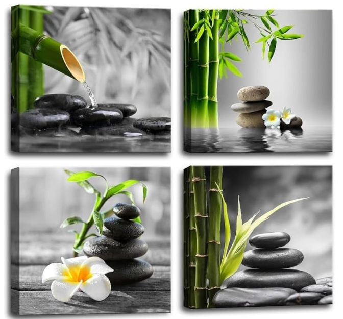 Zen Bathroom Decor Black and White Wall Art Grey Green Room Decor Stone Bamboo Pictures Canvas Meditation Posters Prints Artwork Bedroom Wall Decor Living Room Kitchen Decorations
