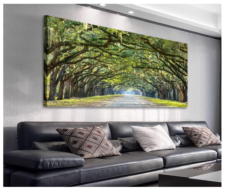 Green Forest Wall Art for Bedroom Decor Oak Woods Landscape Wall Canvas Pictures Large Modern Forest Path Canvas Artwork for Living Room