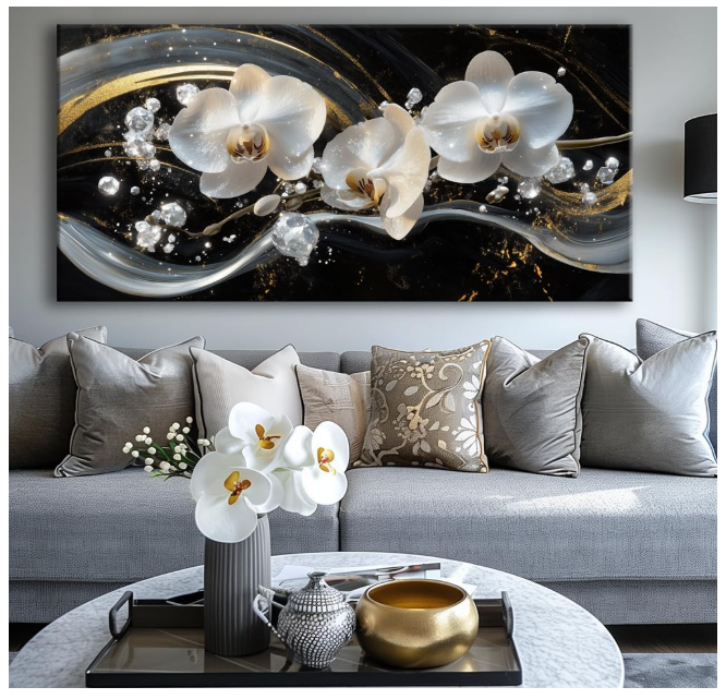 White Orchid Canvas Wall Art - Modern Floral Picture for Living Room