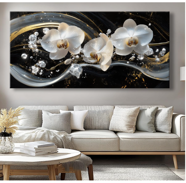White Orchid Canvas Wall Art - Modern Floral Picture for Living Room