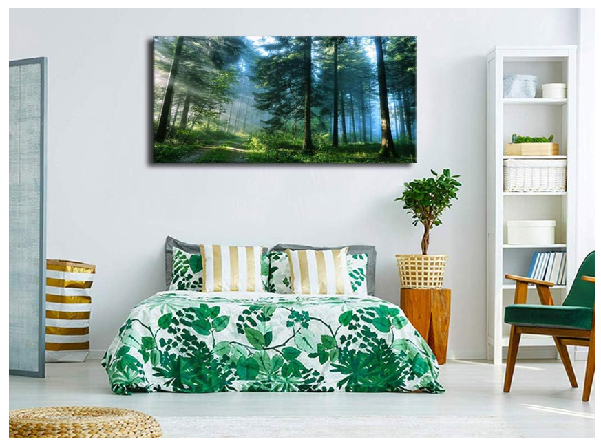 Green Forest Wall Art Landscape Morning Canvas Pictures Large Modern Green Trees Canvas Artwork for Living Room
